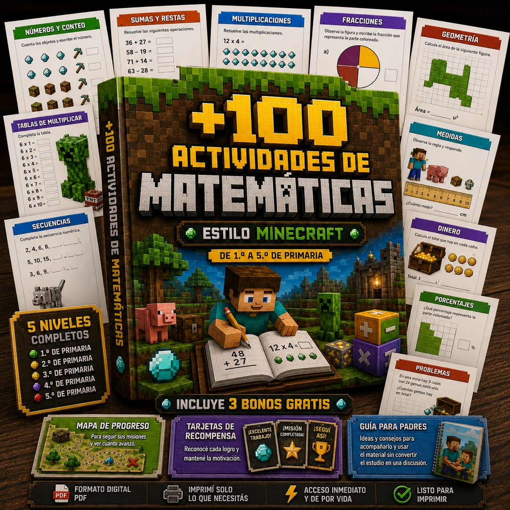 +100 Actividades de Matemáticas Estilo Minecraft | 1.º a 5.º de Primaria