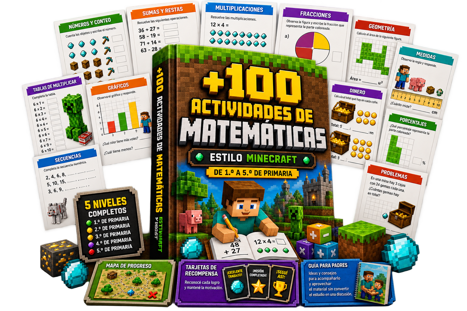 +100 Actividades de Matemáticas Estilo Minecraft | 1.º a 5.º de Primaria