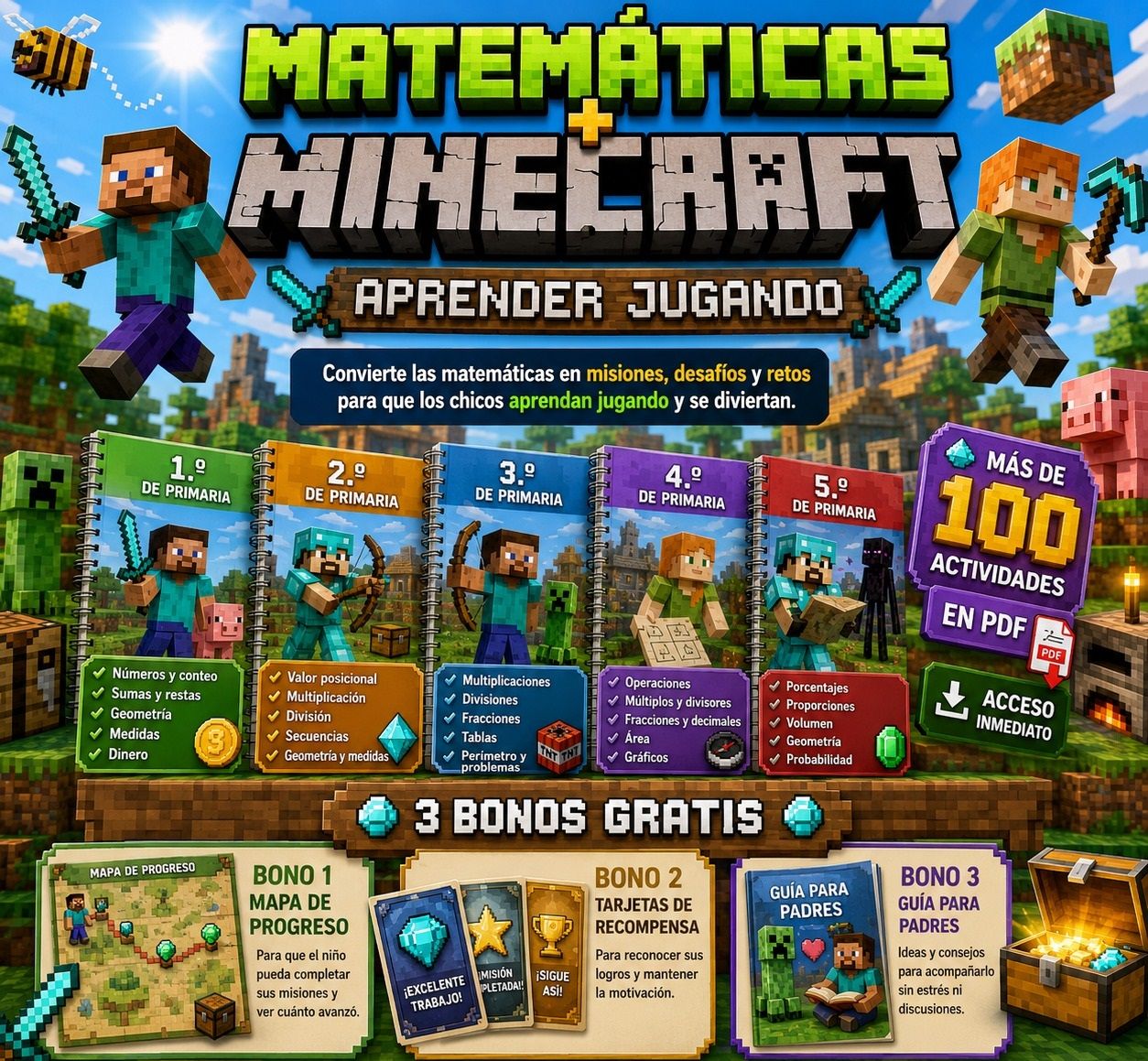 +100 Actividades de Matemáticas Estilo Minecraft | 1.º a 5.º de Primaria